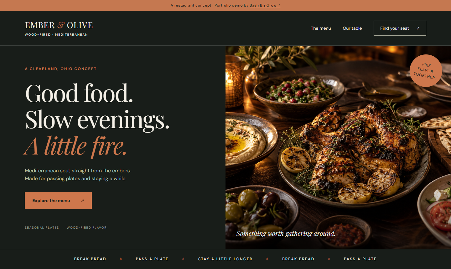 Ember and Olive restaurant website with warm colors and food photography