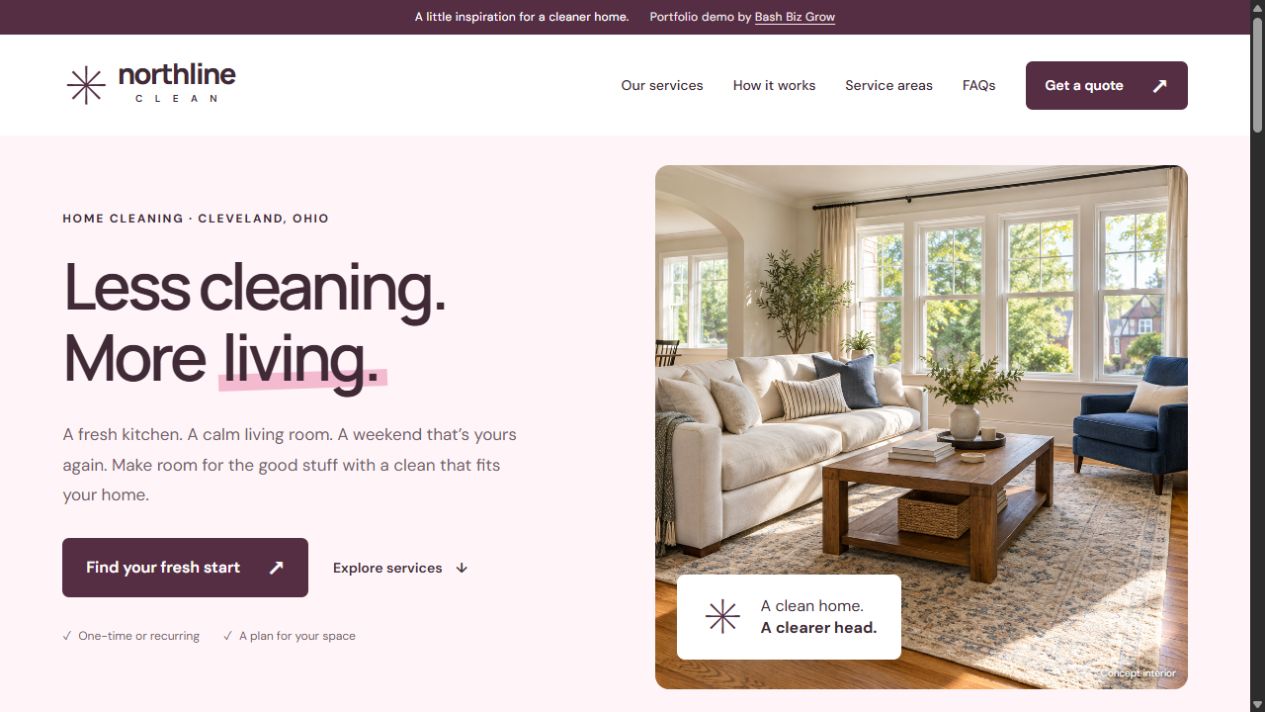 Northline Clean website with a blush-pink layout and a bright home interior